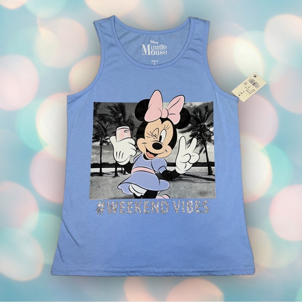 Disney Minnie Mouse Girl’s Blue Glitter # Weekend Vibes Tank Top Size L NWT